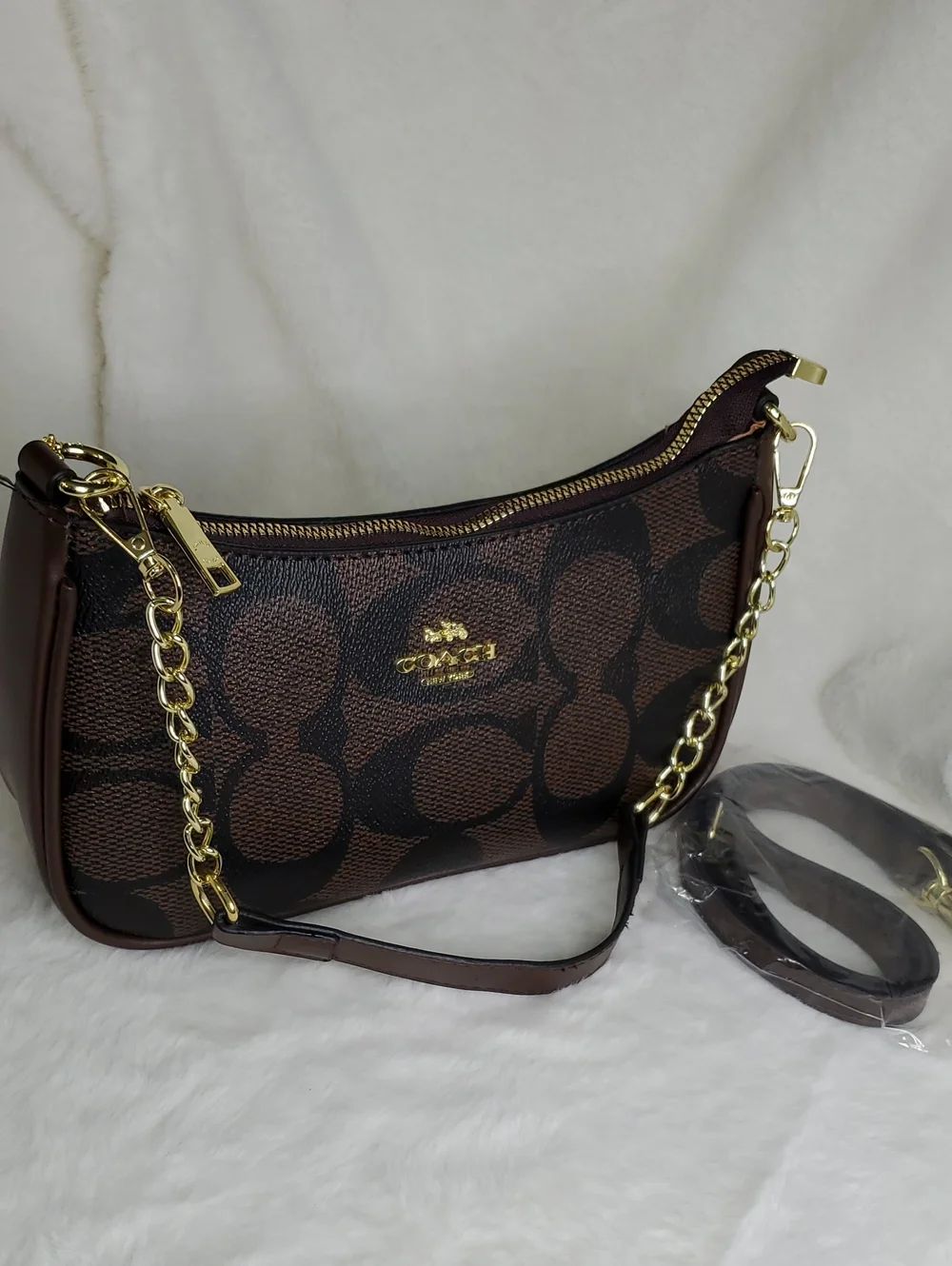 Brown Signature Canvas Shoulder Bag with Gold Chain Inspir@d Luxury Bag